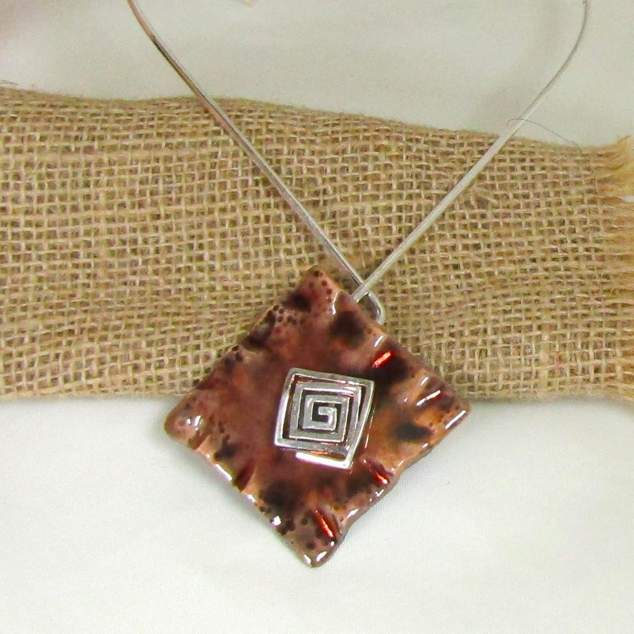 Brown Raky Glazed Pendant on Silver neck wire