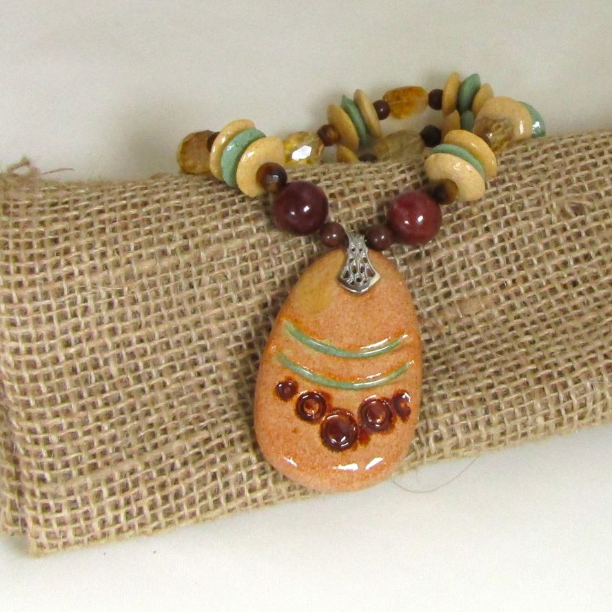 Handmade Yellow & brown  Pendant on beaded necklace