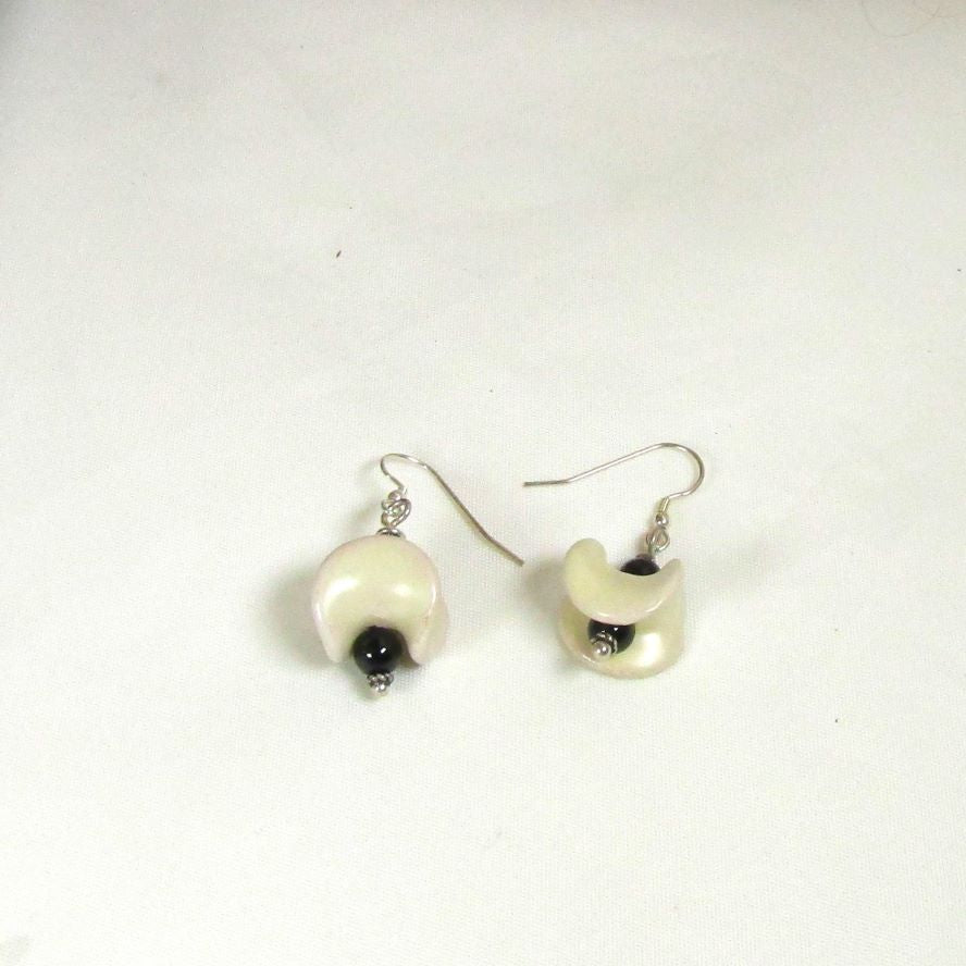 Handmade Cream Kazuri Earrings - Black Onyx Accents