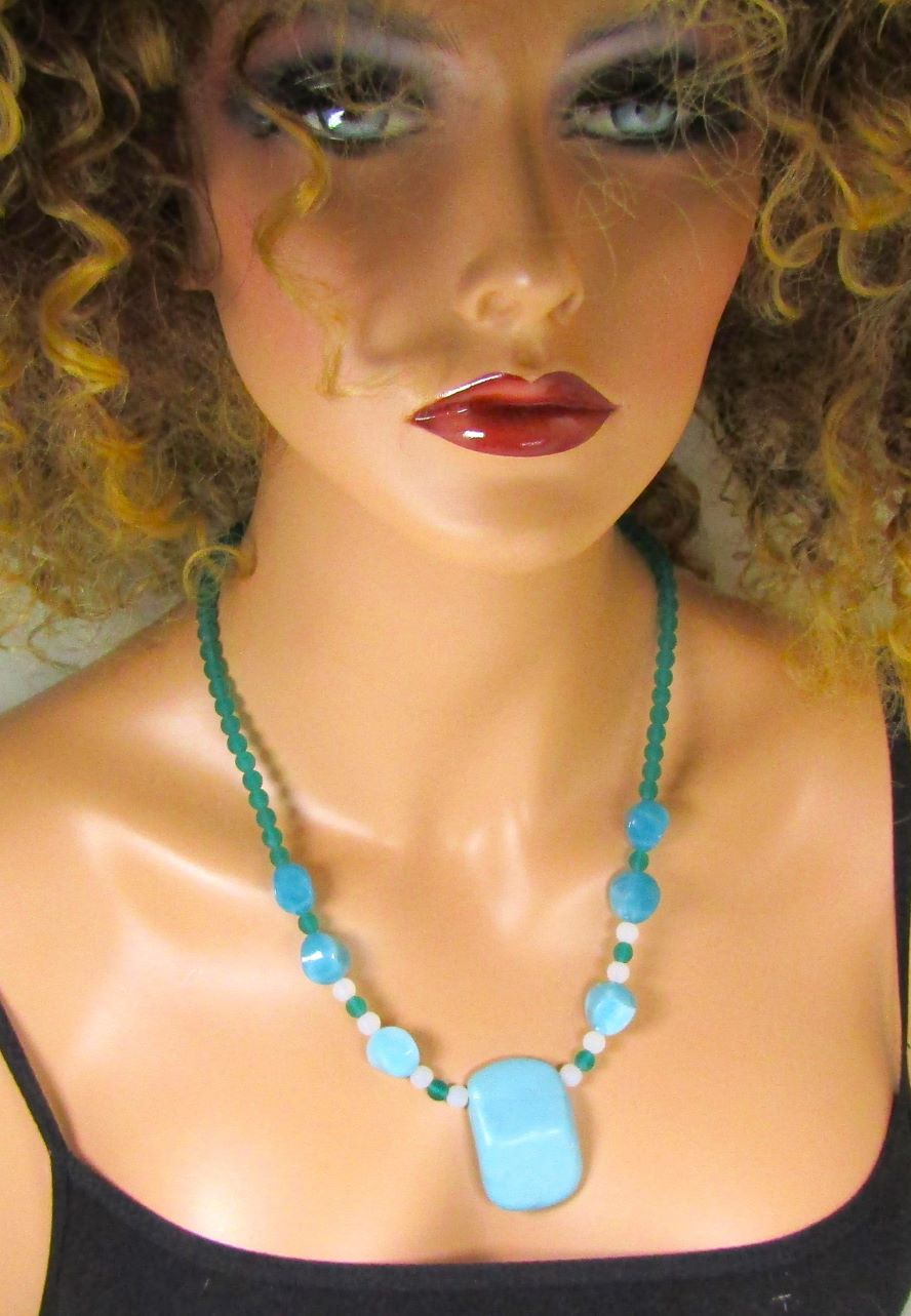 Aqua Sea Glass & Artisan Bead Pendant Necklace