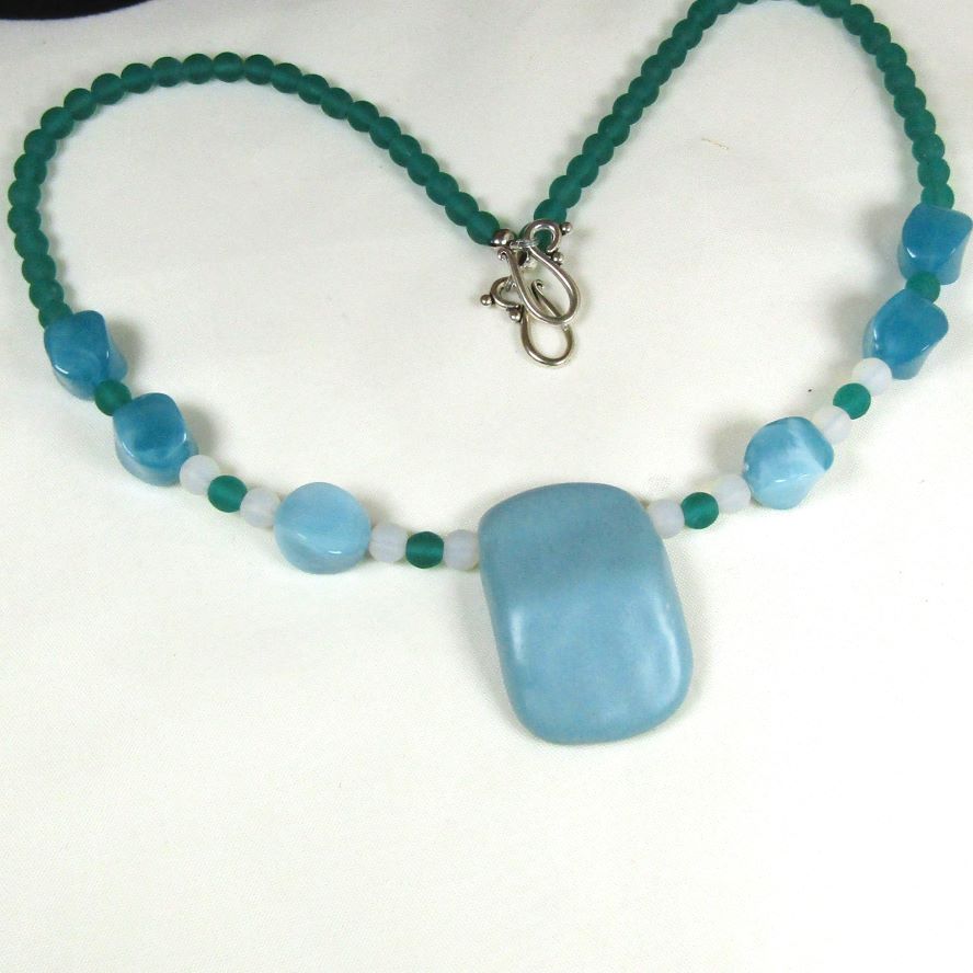 Aqua Sea Glass & Artisan Bead Pendant Necklace