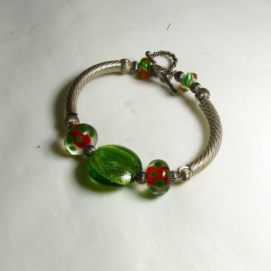 Handmade Green Artisan Bead Bangle Bracelet