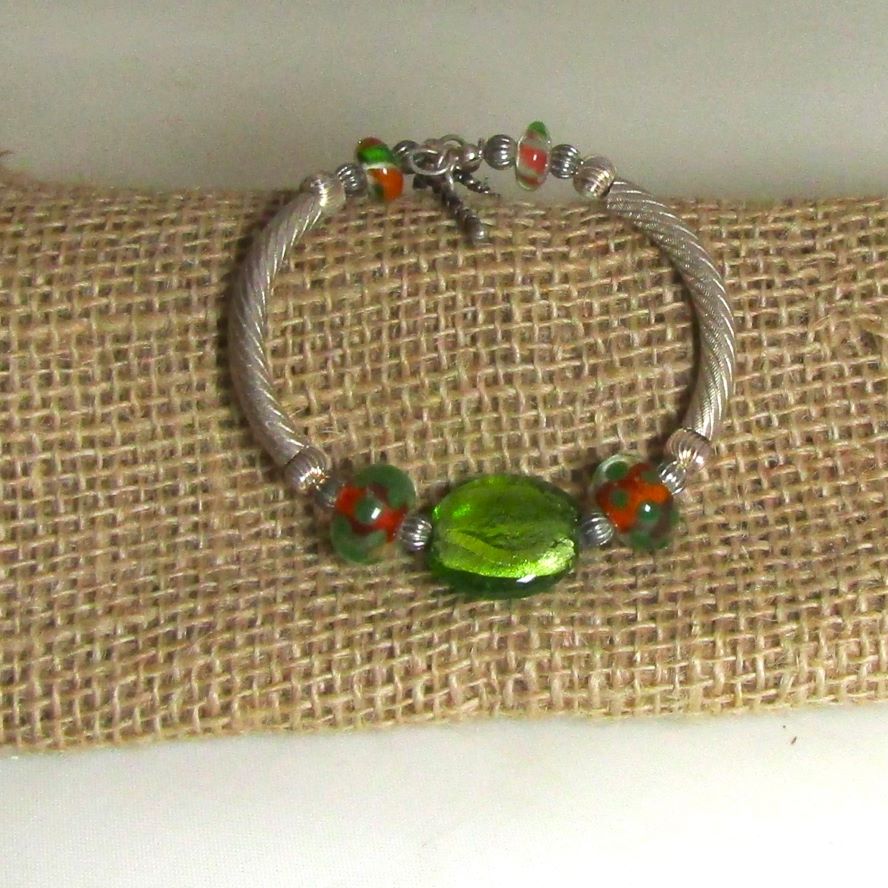 Green Artisan BEad Bangle Bracelet
