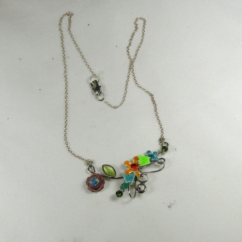 Handcrafted Multi-colored Flower Necklace with Silver Chain