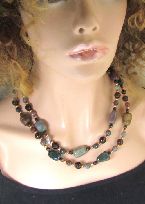Extra Long Necklace in Copper Jasper and Smokey Quartz