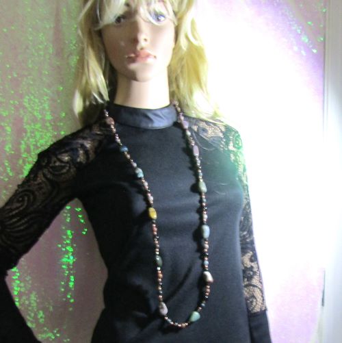 Extra Long Necklace in Copper Jasper and Smokey Quartz