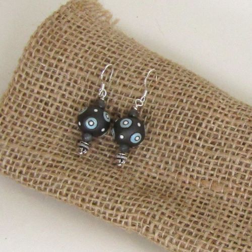 Grey White & Aqua Artisan Bead Earrings