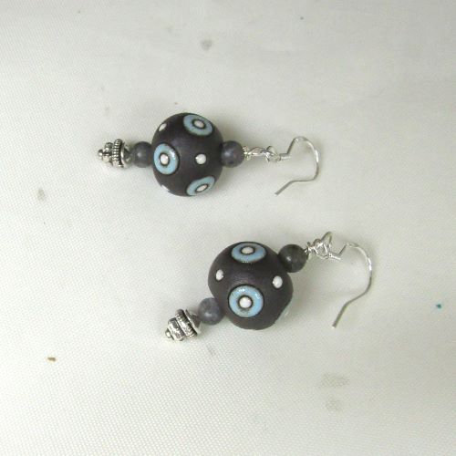 Grey, White  & Aqua Artisan Bead  Earrings