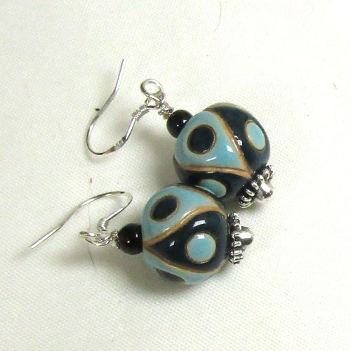 Aqua & Black Artisan Bead Drop Earrings