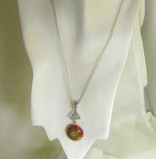 Red Green & Purple Artisan Bead Pendant Necklace