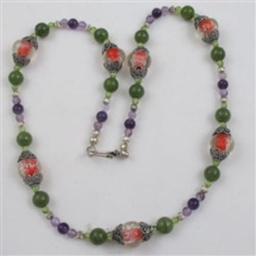 Green Jade, Amethyst and Handmade Lampwork Bead Necklace - VP's Jewelry