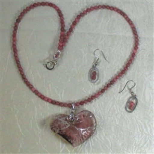 Pink Glass Heart Pendant On Pink Gemstone Necklace & Earrings - VP's Jewelry