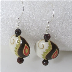 Handmade Ivory, Olive & Brown Paisley Ceramic Earrings Golem - VP's Jewelry
