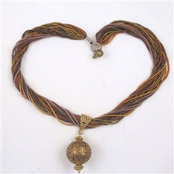 Brown & Copper Seed Bead Twisted Necklace with Gold Pendant - VP's Jewelry