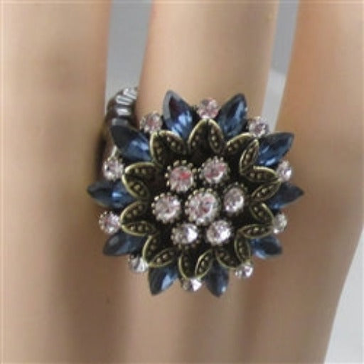 Delightful blue crystal & antique gold fashion ring