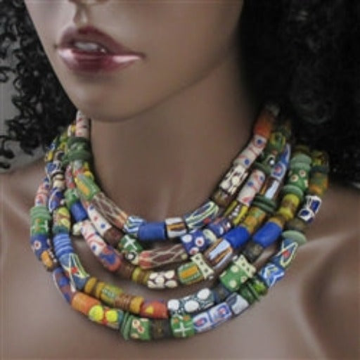 African Fair Trade Bead Statement Handmade Necklace Five Strand - VP's Jewelry