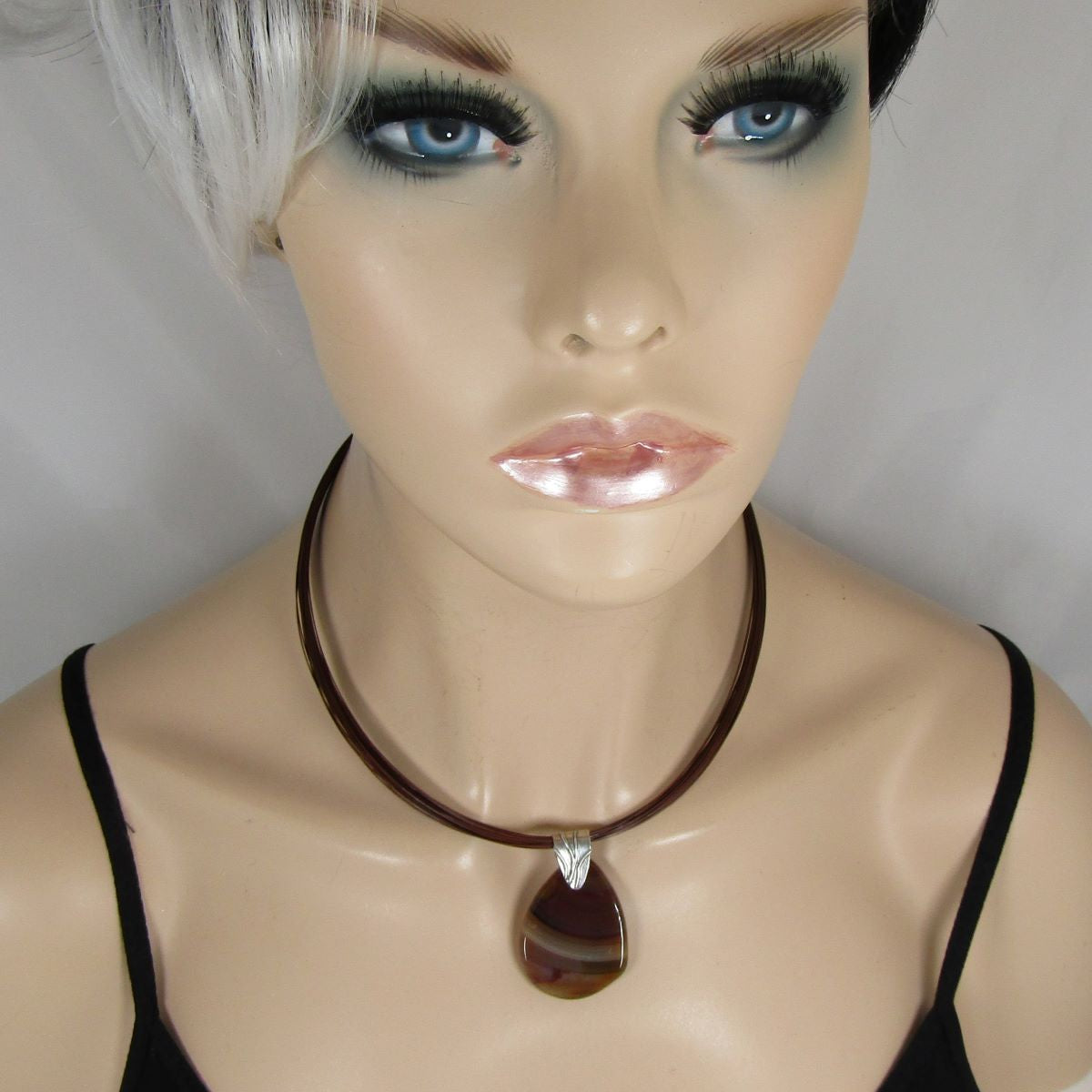 Agate Pendant Necklace with Multi-strand Brown Twisted Neck Wire - VP's Jewelry