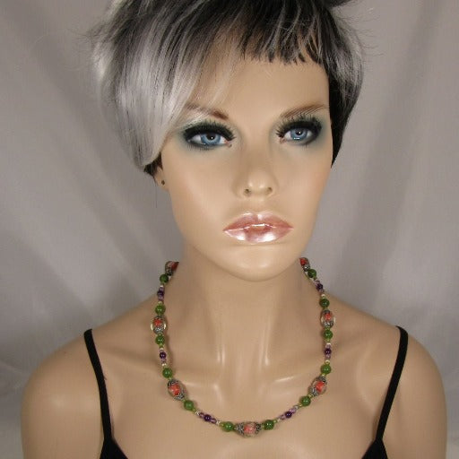 Green Jade, Amethyst and Handmade Lampwork Bead Necklace - VP's Jewelry