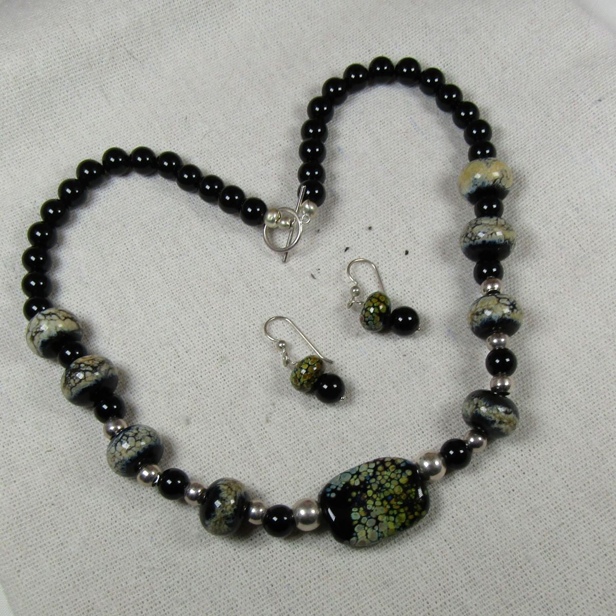 Handmade Black Artisan Lampwork and Onyx Necklace and Earrings - VP's Jewelry