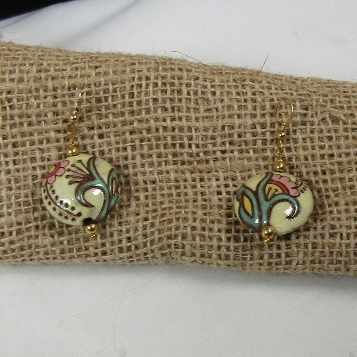 Handmade Cream & Pink Flower Ceramic Earrings Golem - VP's Jewelry