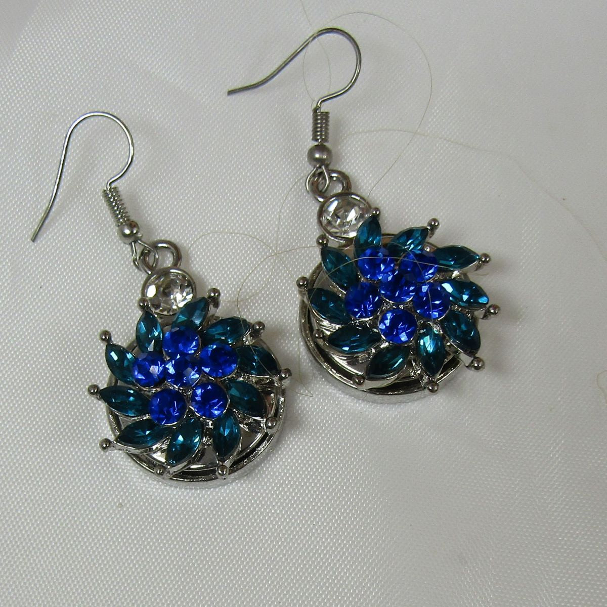 Aqua & Blue Crystal Flower & Silver Drop Earrings - VP's Jewelry