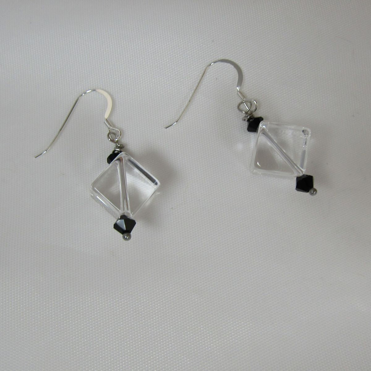 Rock Crystal Quartz Cube & Onyx Earrings Silver Ear Wires - VP's Jewelry