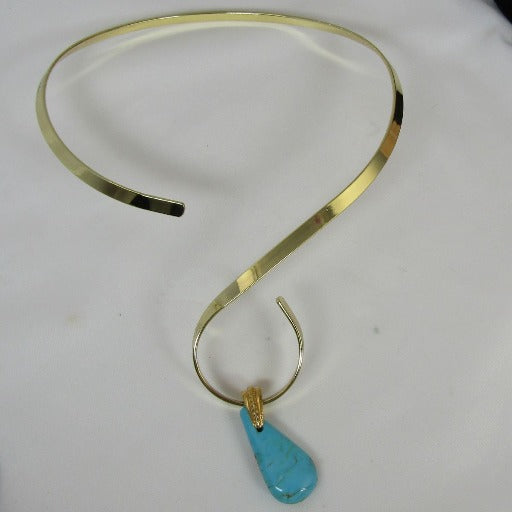 Kingman Turquoise Handcut Teardrop Pendant on Unique Gold Choker