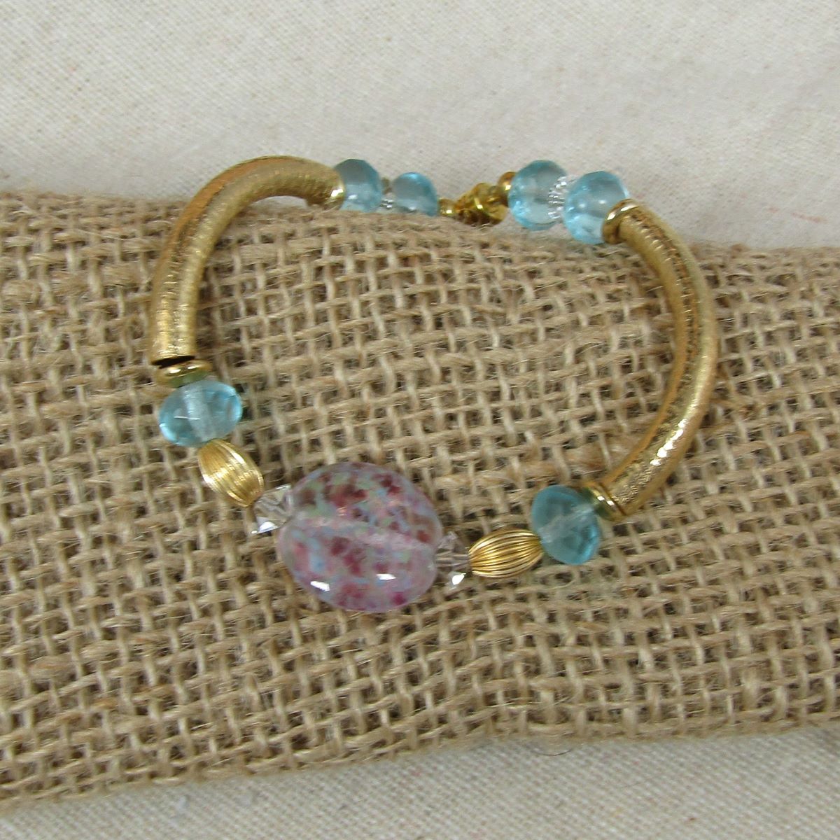 Pink & Aqua Artisan Bead Gold Bangle Bracelet - VP's Jewelry