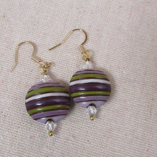 Purple & Lilac Striped Handmade Bead Earrings - VP's Jewelry