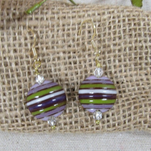Purple & Lilac Striped Handmade Bead Earrings - VP's Jewelry