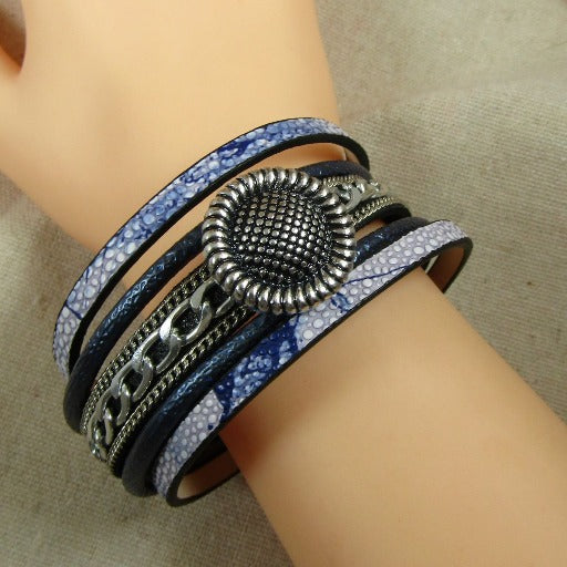 Blue & Silver Cuff Leather Bracelet - VP's Jewelry