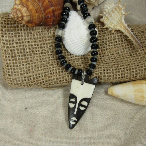 African Batik Bone Mask Beaded Pendant Necklace - VP's Jewelry