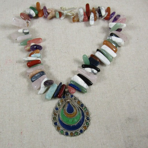 Mixed Gemstone Tusk - Antique Silver Pendant Necklace - VP's Jewelry