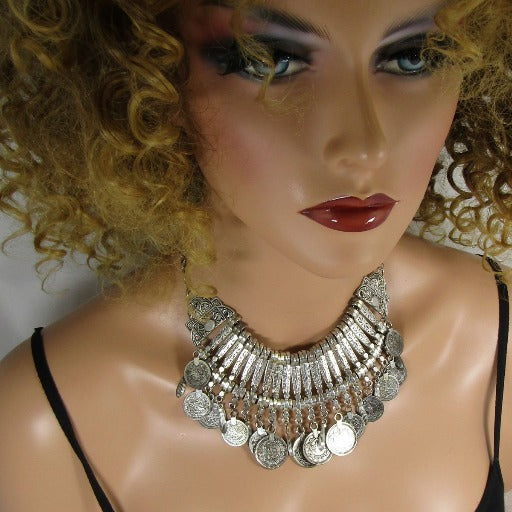 Alluring Silver Bib Necklace with Coin Accents - VP's Jewelry