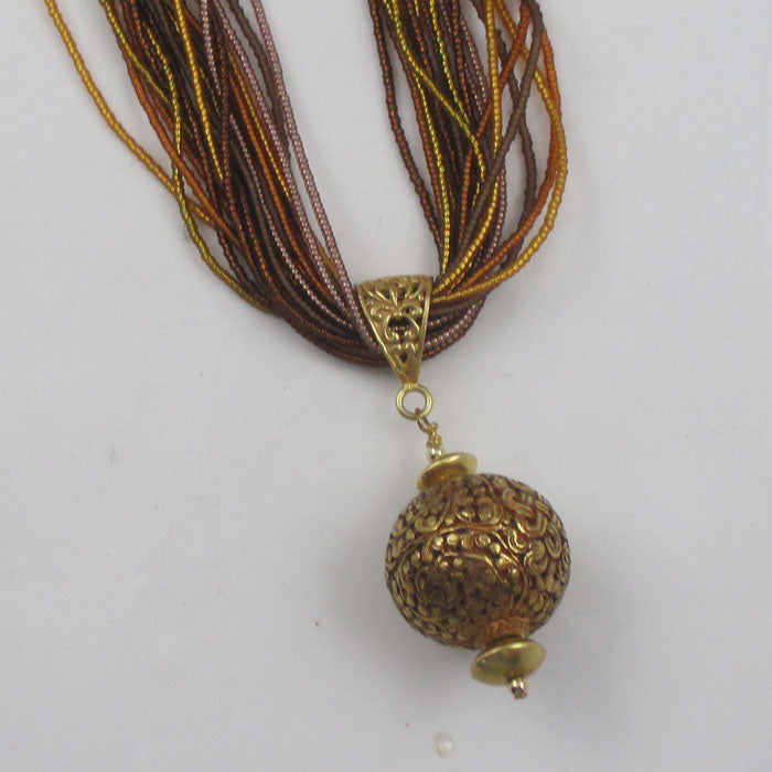 Brown & Copper Seed Bead Twisted Necklace with Gold Pendant - VP's Jewelry