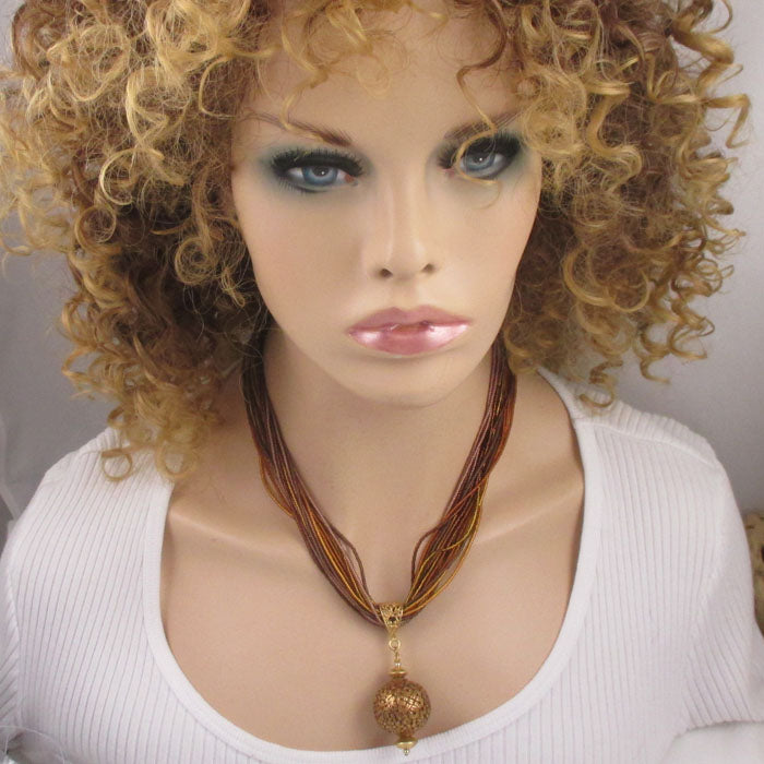 Brown & Copper Seed Bead Twisted Necklace with Gold Pendant - VP's Jewelry