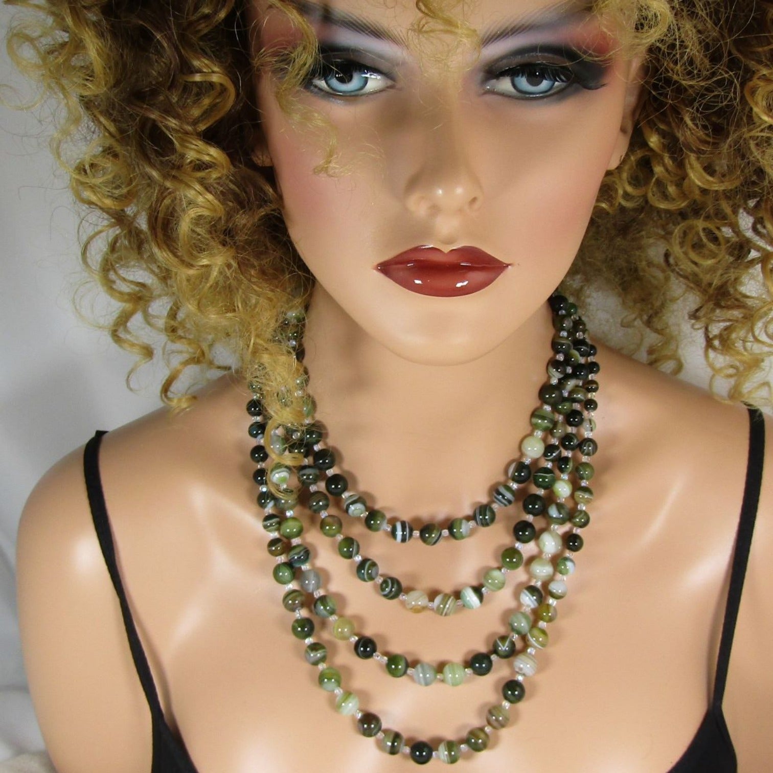 Multi-Strand Green Line Agate Beaded Necklace - VP's Jewelry
