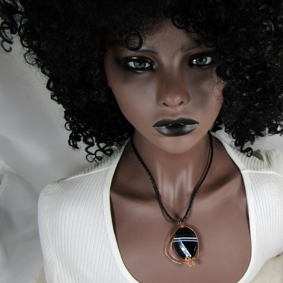 Black Banded Agate Copper Wire Wrap on Leatherette Necklace - VP's Jewelry