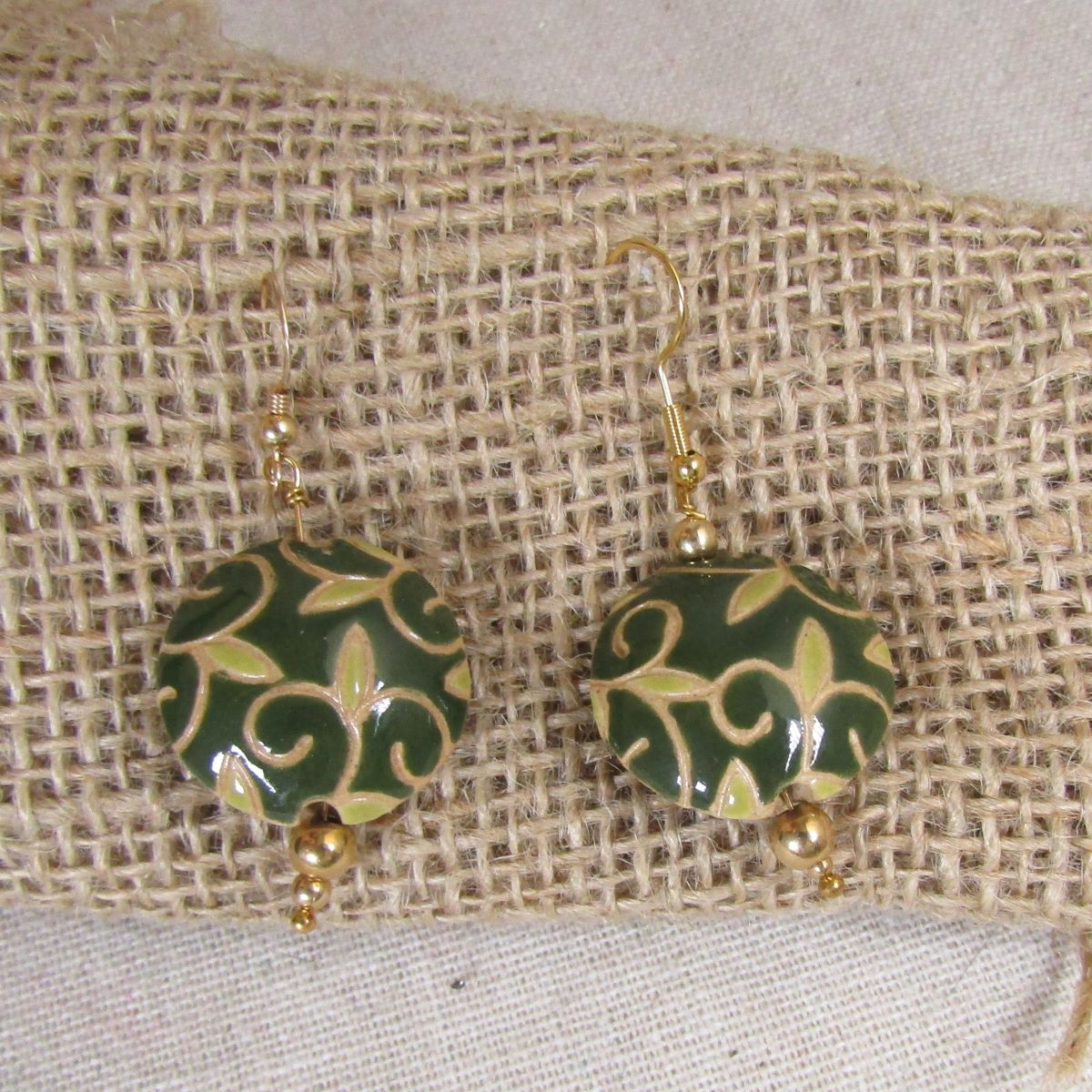 Handmade Green & Beige Ceramic Earrings Golem - VP's Jewelry