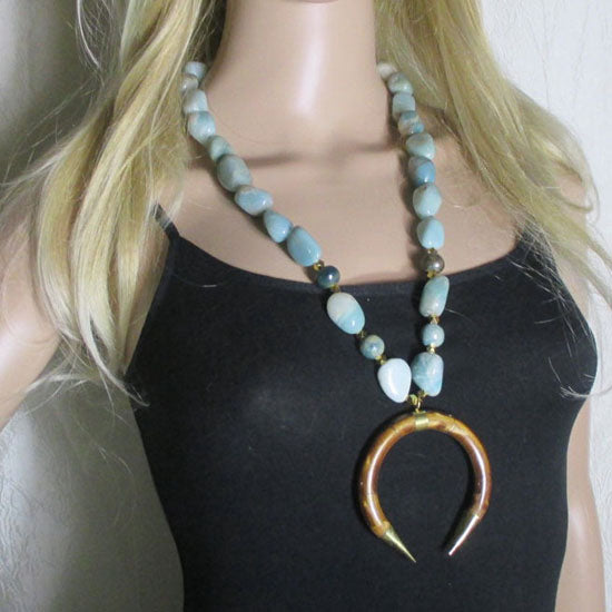 Bold Statement Amzonite Nuggets & Bone Crescent Pendant Necklace - VP's Jewelry