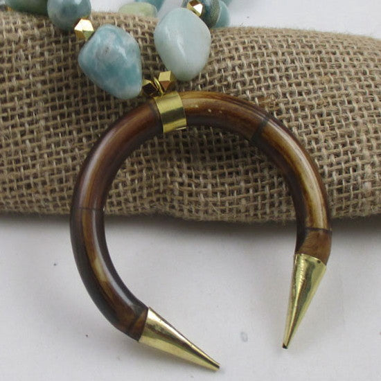 Bold Statement Amzonite Nuggets & Bone Crescent Pendant Necklace - VP's Jewelry