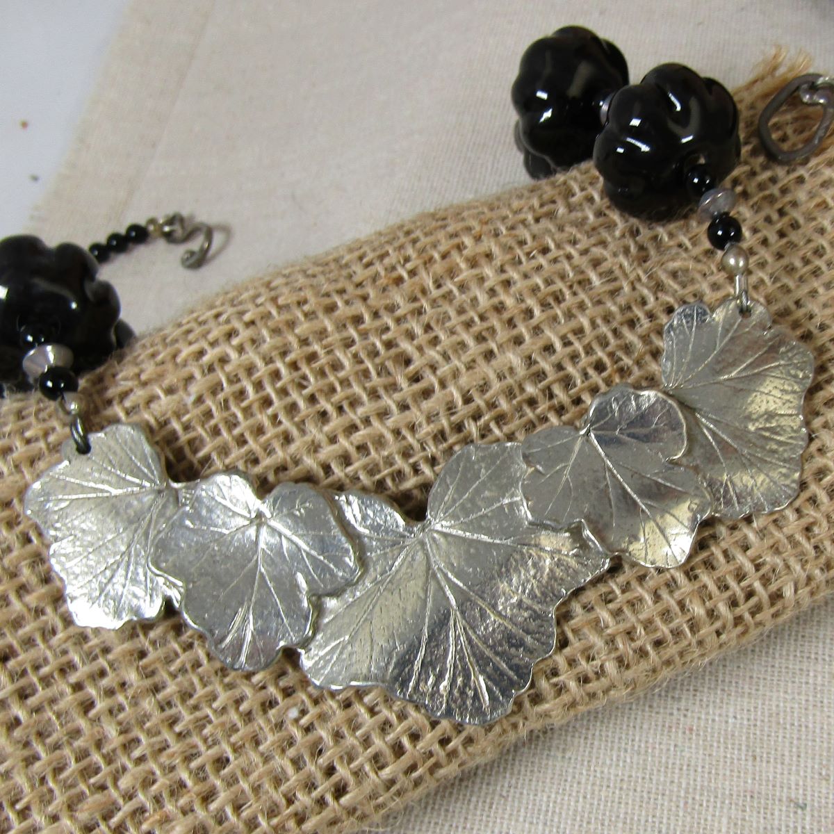 Black Kazuri Bead Necklace Leaf Focus - VP's Jewelry