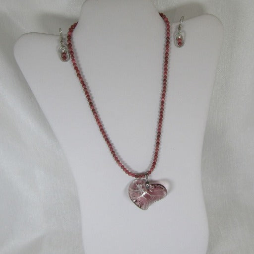 Pink Glass Heart Pendant On Pink Gemstone Necklace & Earrings - VP's Jewelry