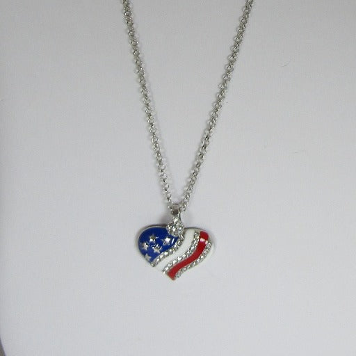 American Flag Heart Charm Pendant Necklace Silver - VP's Jewelry