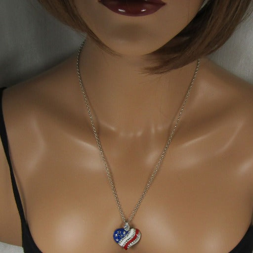 American Flag Heart Charm Pendant Necklace Silver - VP's Jewelry