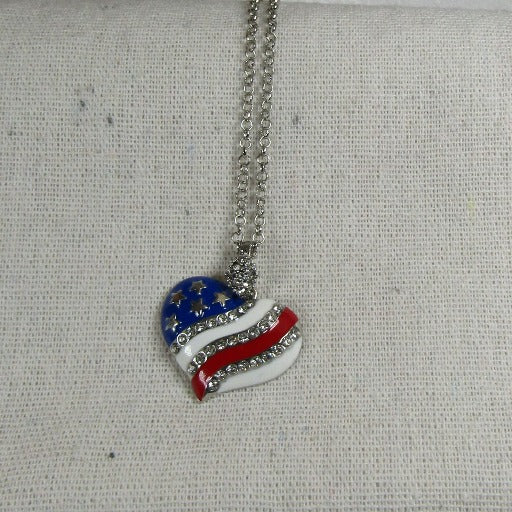 American Flag Heart Charm Pendant Necklace Silver - VP's Jewelry