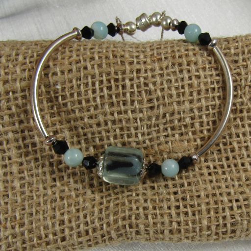 Aqua and Black Lampwork Cube Bangle Bracelet - VP's Jewelry