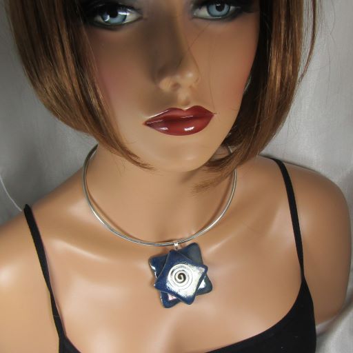 Choker Handmade Navy Blue Raku Pendant Silver Neck Wire - VP's Jewelry