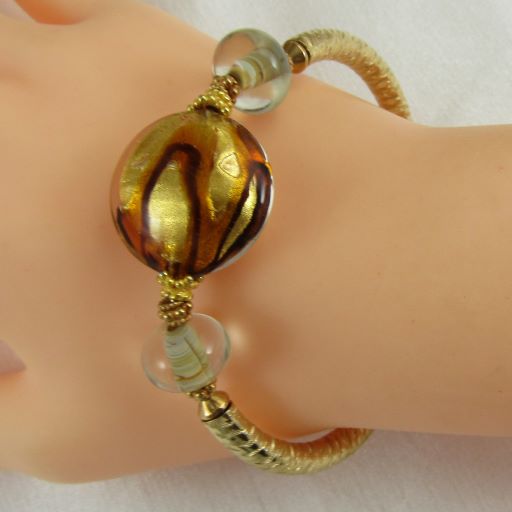 Gold & Brown Artisan Bead Gold Bangle Bracelet - VP's Jewelry