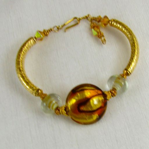 Gold & Brown Artisan Bead Gold Bangle Bracelet - VP's Jewelry